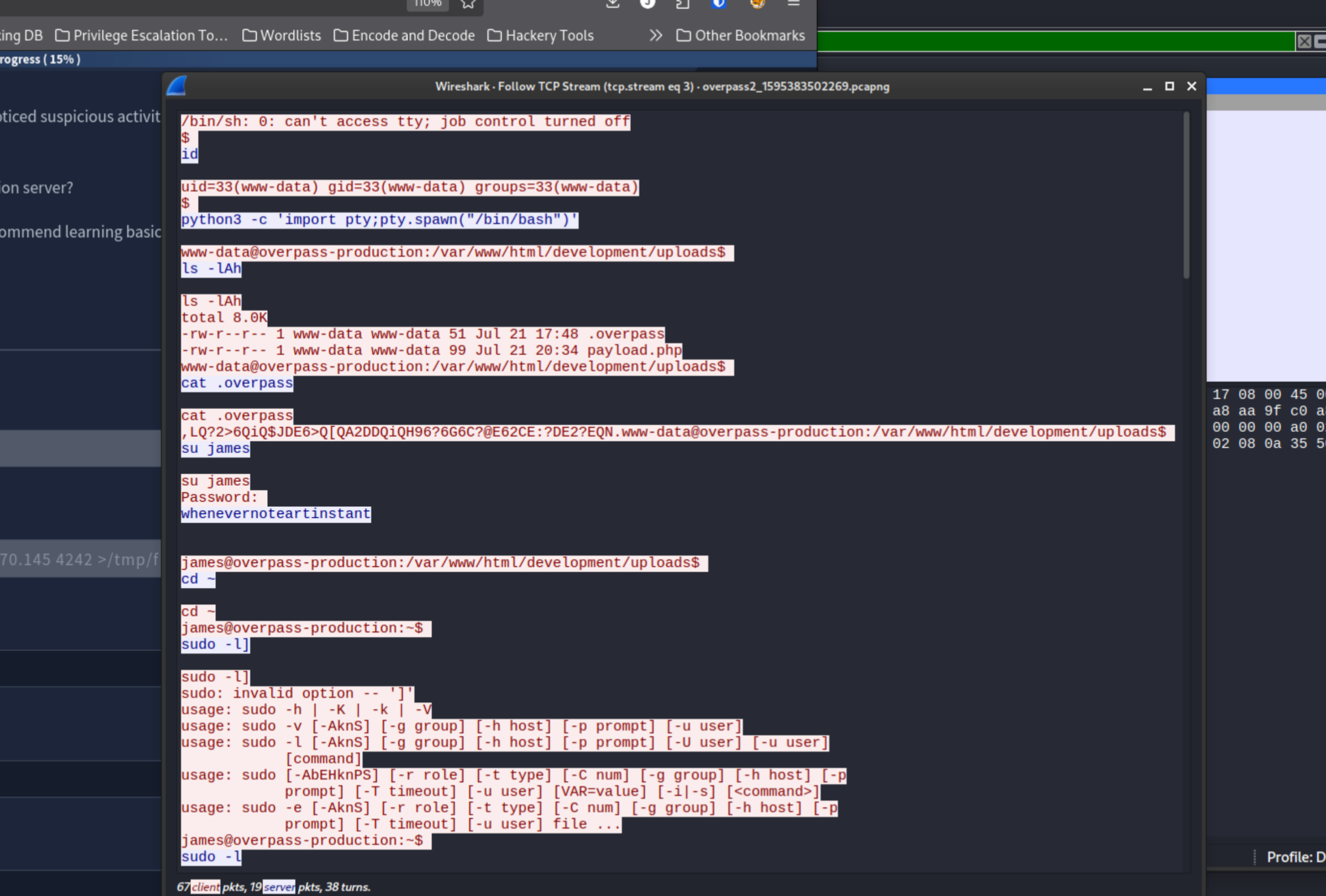 Wireshark stream showing the reverse shell session in plaintext